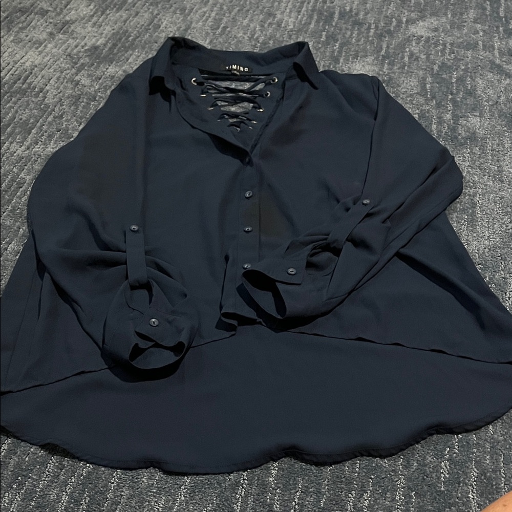 Timing navy Lace-Up back,Button Down Shirt. Adjustable sleeves.